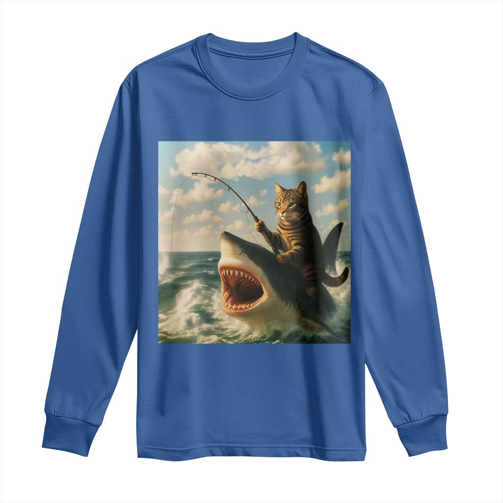 Funny Cat Riding Shark Long Sleeve Shirt Fishing Fisherman Ocean Lover Humor - Wonder Print Shop