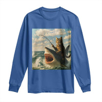 Funny Cat Riding Shark Long Sleeve Shirt Fishing Fisherman Ocean Lover Humor - Wonder Print Shop