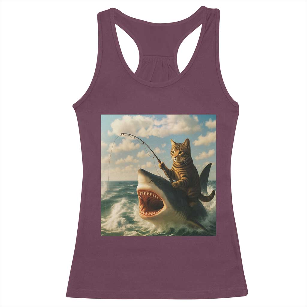 Funny Cat Riding Shark Racerback Tank Top Fishing Fisherman Ocean Lover Humor - Wonder Print Shop