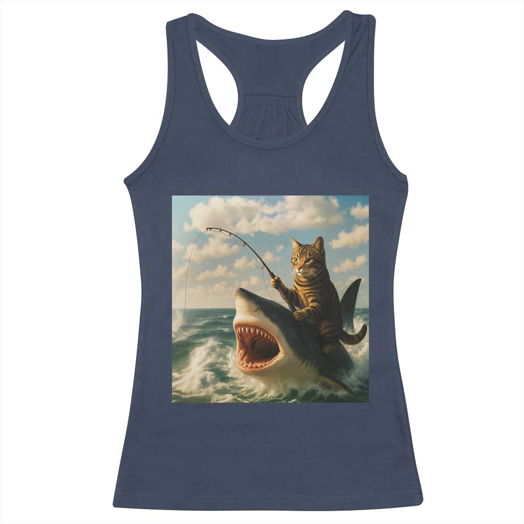 Funny Cat Riding Shark Racerback Tank Top Fishing Fisherman Ocean Lover Humor - Wonder Print Shop