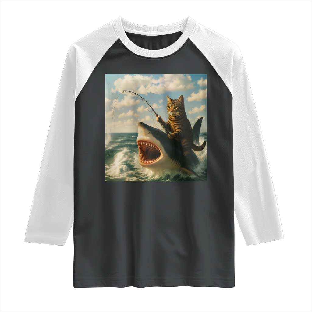 Funny Cat Riding Shark Raglan Shirt Fishing Fisherman Ocean Lover Humor - Wonder Print Shop