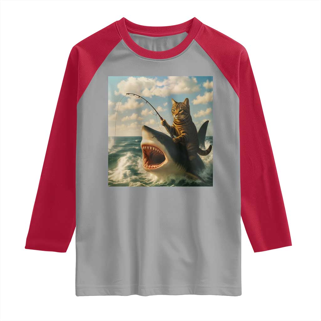 Funny Cat Riding Shark Raglan Shirt Fishing Fisherman Ocean Lover Humor - Wonder Print Shop