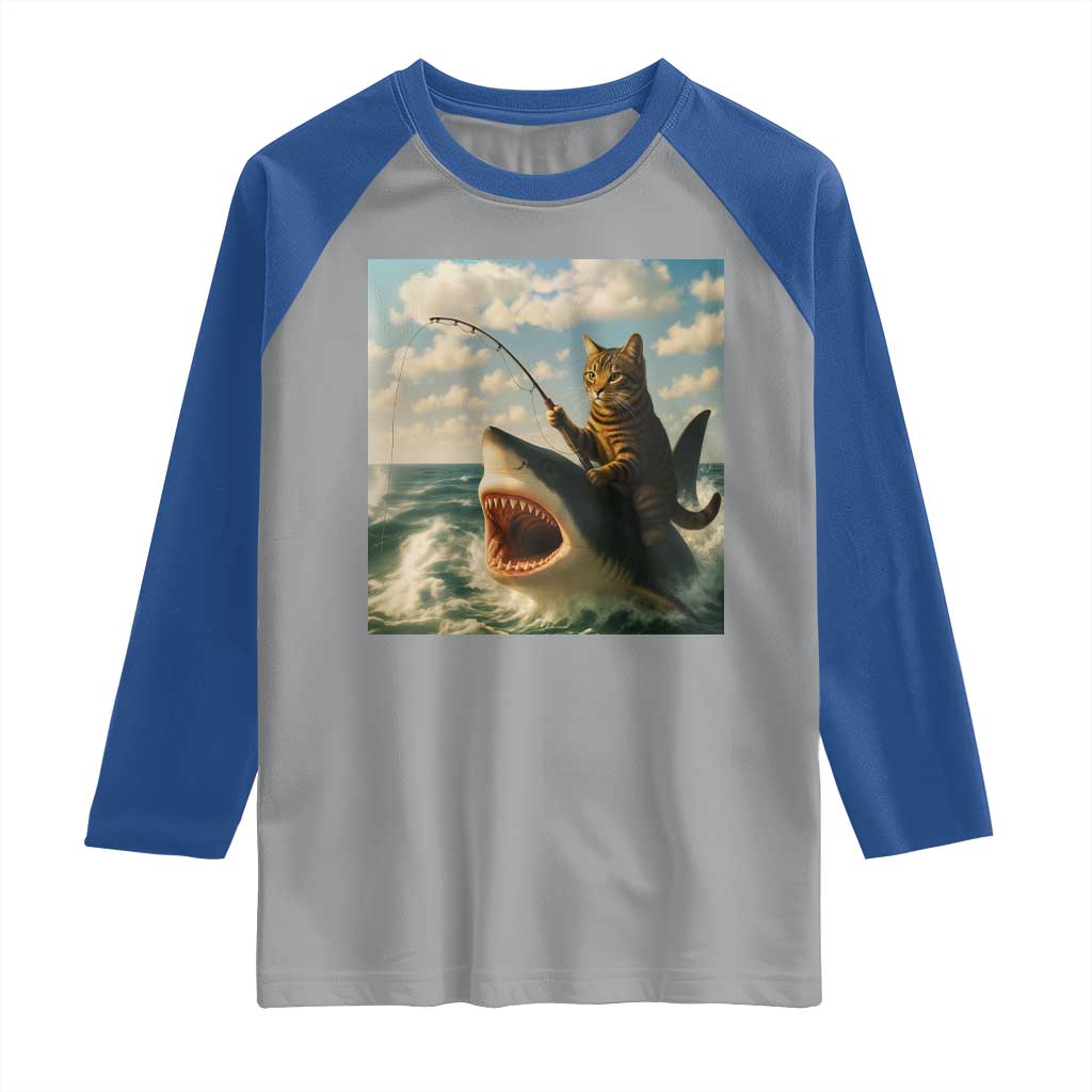 Funny Cat Riding Shark Raglan Shirt Fishing Fisherman Ocean Lover Humor - Wonder Print Shop