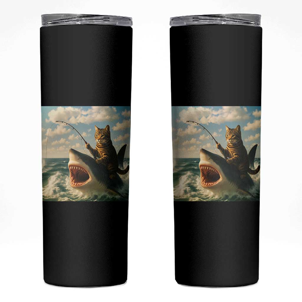 Funny Cat Riding Shark Skinny Tumbler Fishing Fisherman Ocean Lover Humor