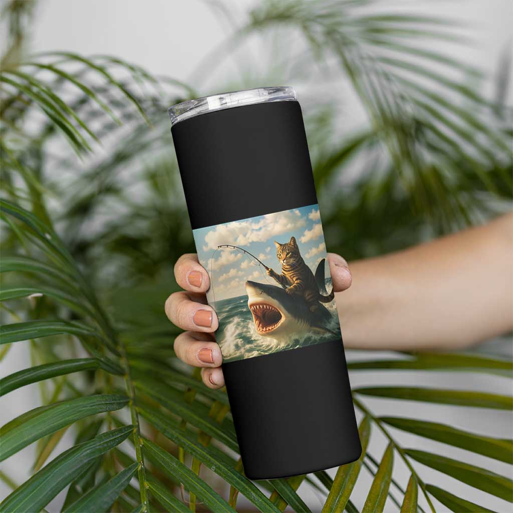 Funny Cat Riding Shark Skinny Tumbler Fishing Fisherman Ocean Lover Humor