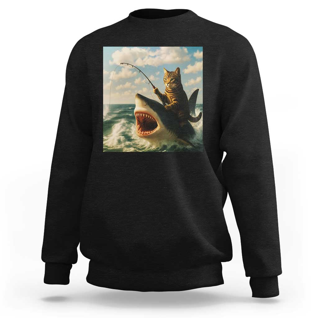 Funny Cat Riding Shark Sweatshirt Fishing Fisherman Ocean Lover Humor - Wonder Print Shop