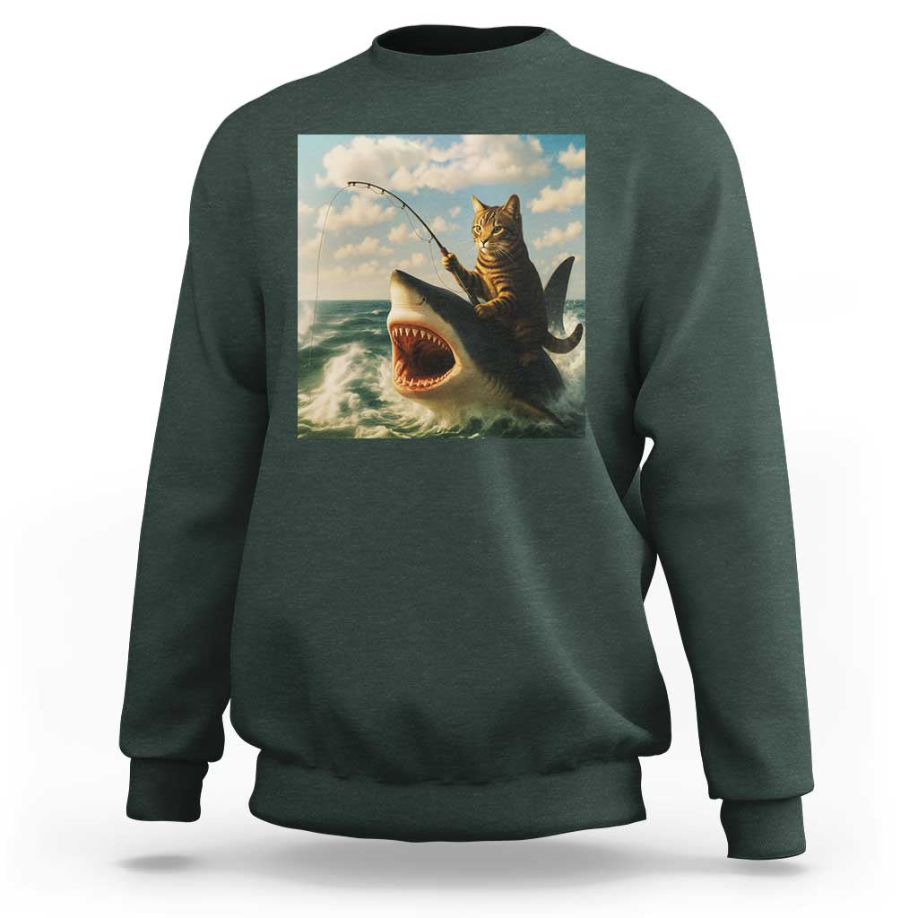 Funny Cat Riding Shark Sweatshirt Fishing Fisherman Ocean Lover Humor - Wonder Print Shop