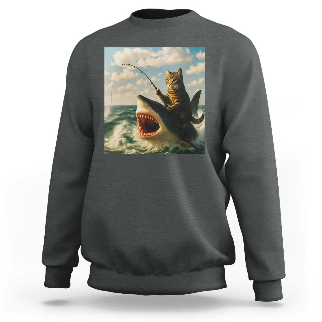 Funny Cat Riding Shark Sweatshirt Fishing Fisherman Ocean Lover Humor - Wonder Print Shop