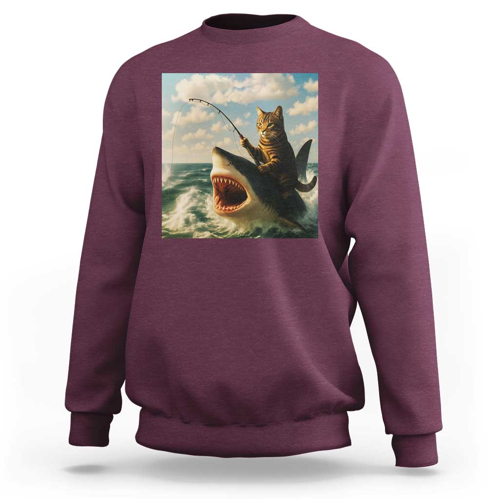 Funny Cat Riding Shark Sweatshirt Fishing Fisherman Ocean Lover Humor - Wonder Print Shop