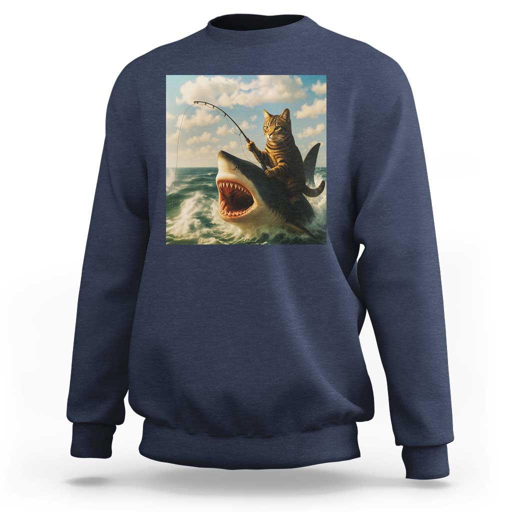 Funny Cat Riding Shark Sweatshirt Fishing Fisherman Ocean Lover Humor - Wonder Print Shop