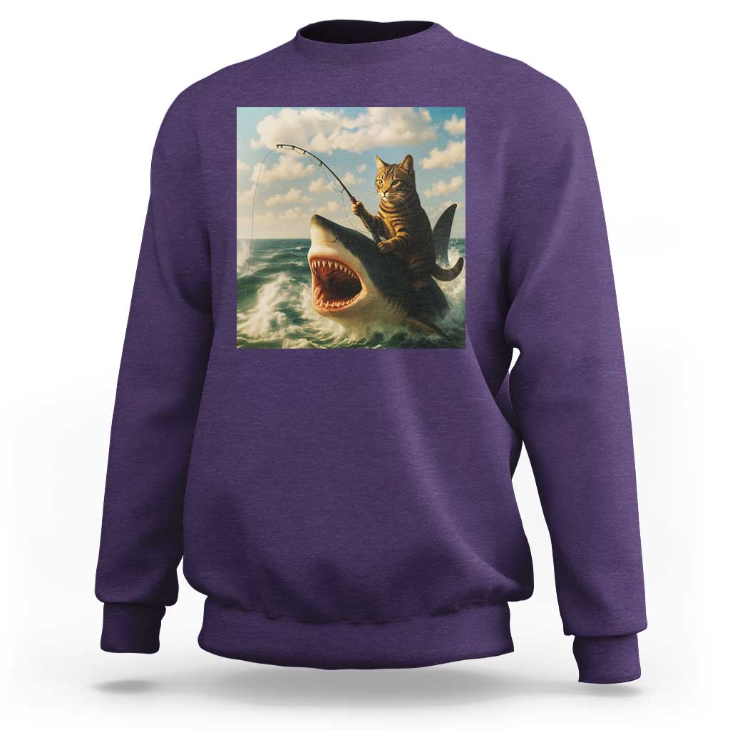 Funny Cat Riding Shark Sweatshirt Fishing Fisherman Ocean Lover Humor - Wonder Print Shop