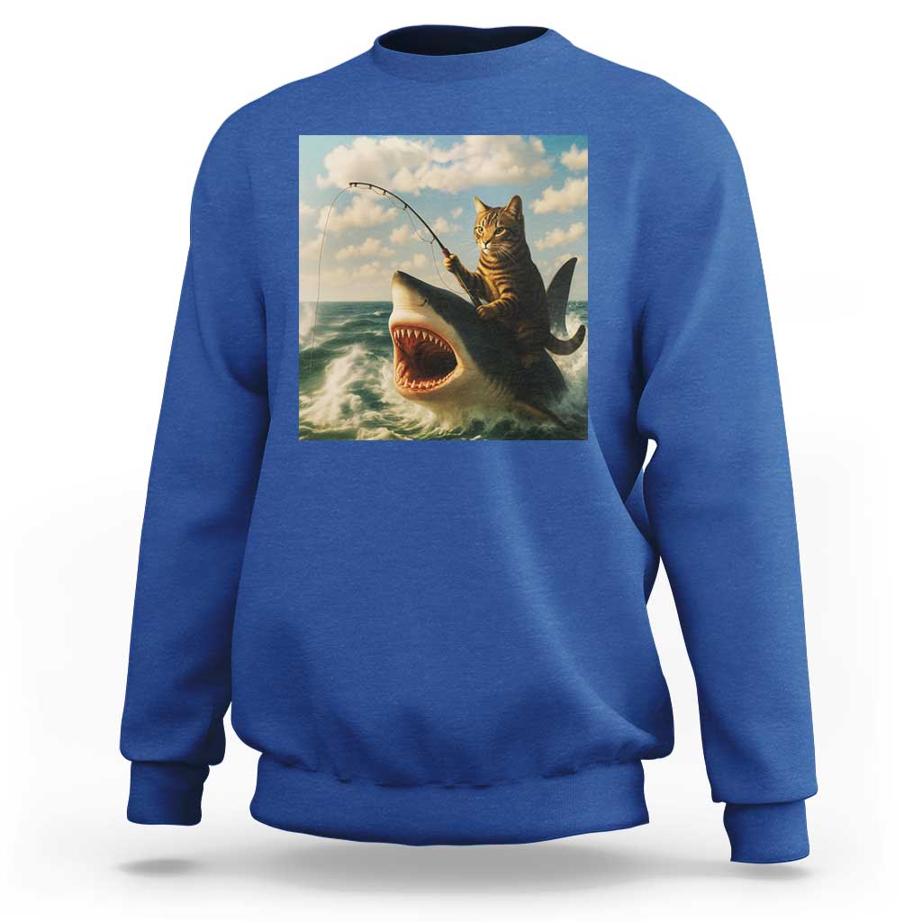 Funny Cat Riding Shark Sweatshirt Fishing Fisherman Ocean Lover Humor - Wonder Print Shop