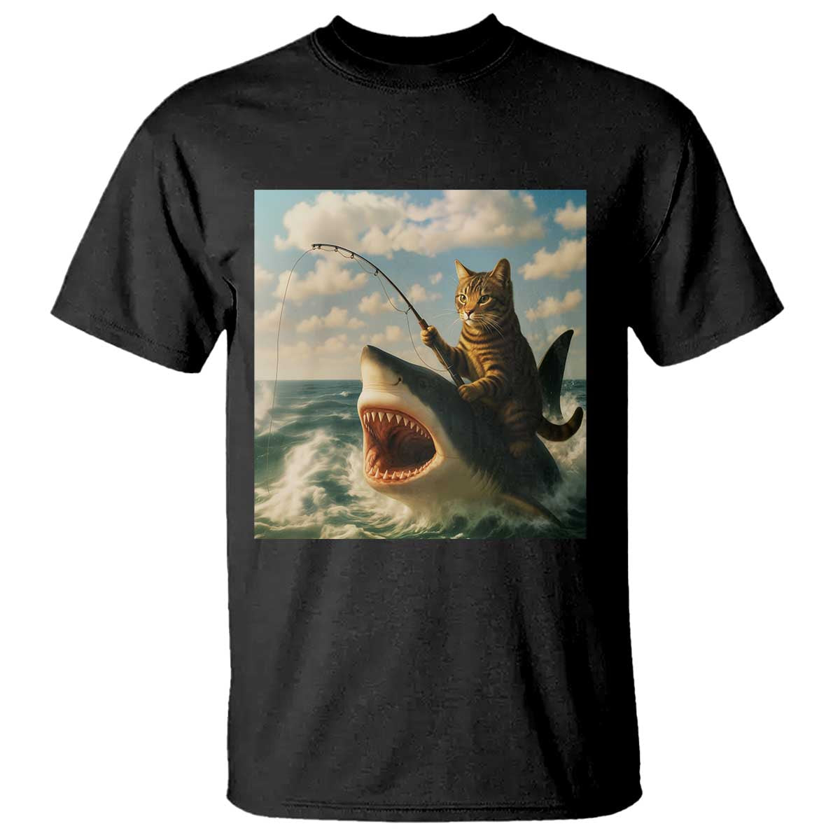 Funny Cat Riding Shark T Shirt Fishing Fisherman Ocean Lover Humor - Wonder Print Shop