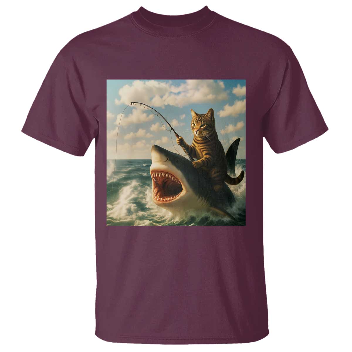 Funny Cat Riding Shark T Shirt Fishing Fisherman Ocean Lover Humor - Wonder Print Shop