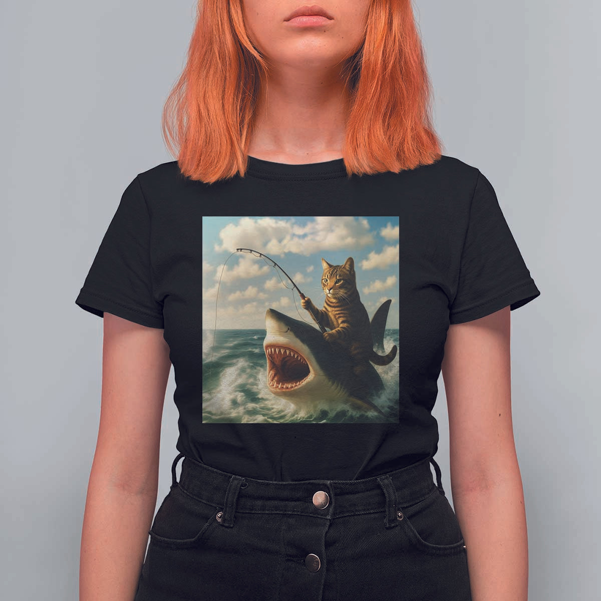 Funny Cat Riding Shark T Shirt For Women Fishing Fisherman Ocean Lover Humor - Wonder Print Shop