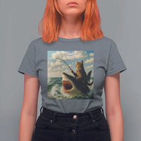 Funny Cat Riding Shark T Shirt For Women Fishing Fisherman Ocean Lover Humor - Wonder Print Shop