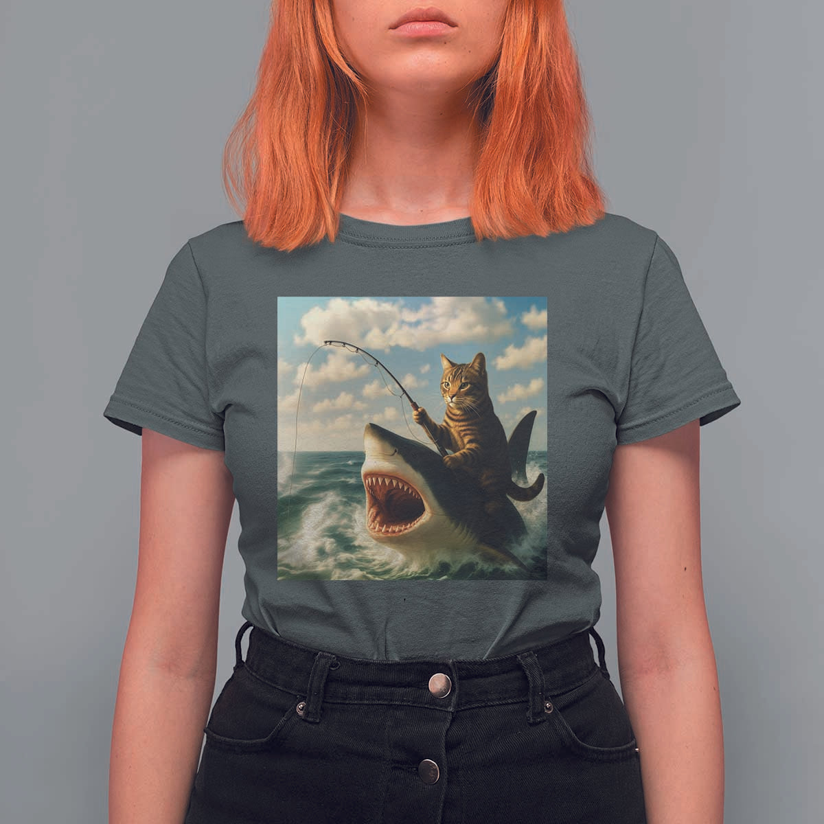 Funny Cat Riding Shark T Shirt For Women Fishing Fisherman Ocean Lover Humor - Wonder Print Shop