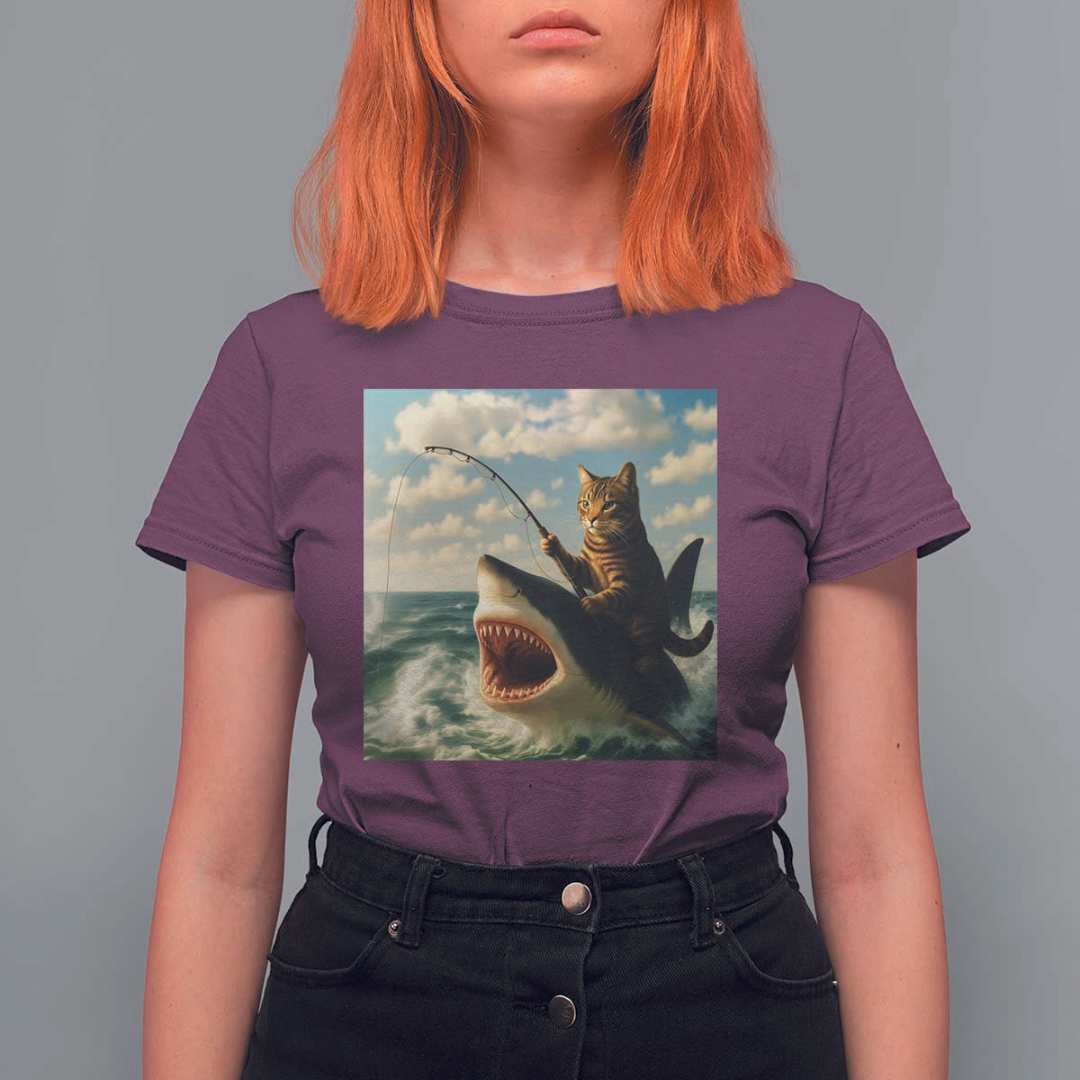 Funny Cat Riding Shark T Shirt For Women Fishing Fisherman Ocean Lover Humor - Wonder Print Shop