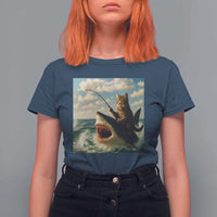 Funny Cat Riding Shark T Shirt For Women Fishing Fisherman Ocean Lover Humor - Wonder Print Shop