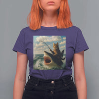 Funny Cat Riding Shark T Shirt For Women Fishing Fisherman Ocean Lover Humor - Wonder Print Shop
