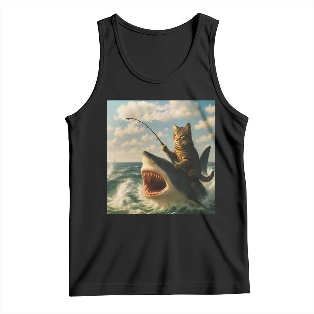 Funny Cat Riding Shark Tank Top Fishing Fisherman Ocean Lover Humor - Wonder Print Shop