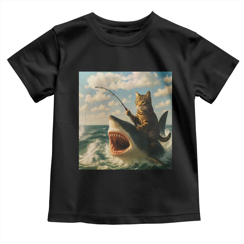 Funny Cat Riding Shark Toddler T Shirt Fishing Fisherman Ocean Lover Humor - Wonder Print Shop