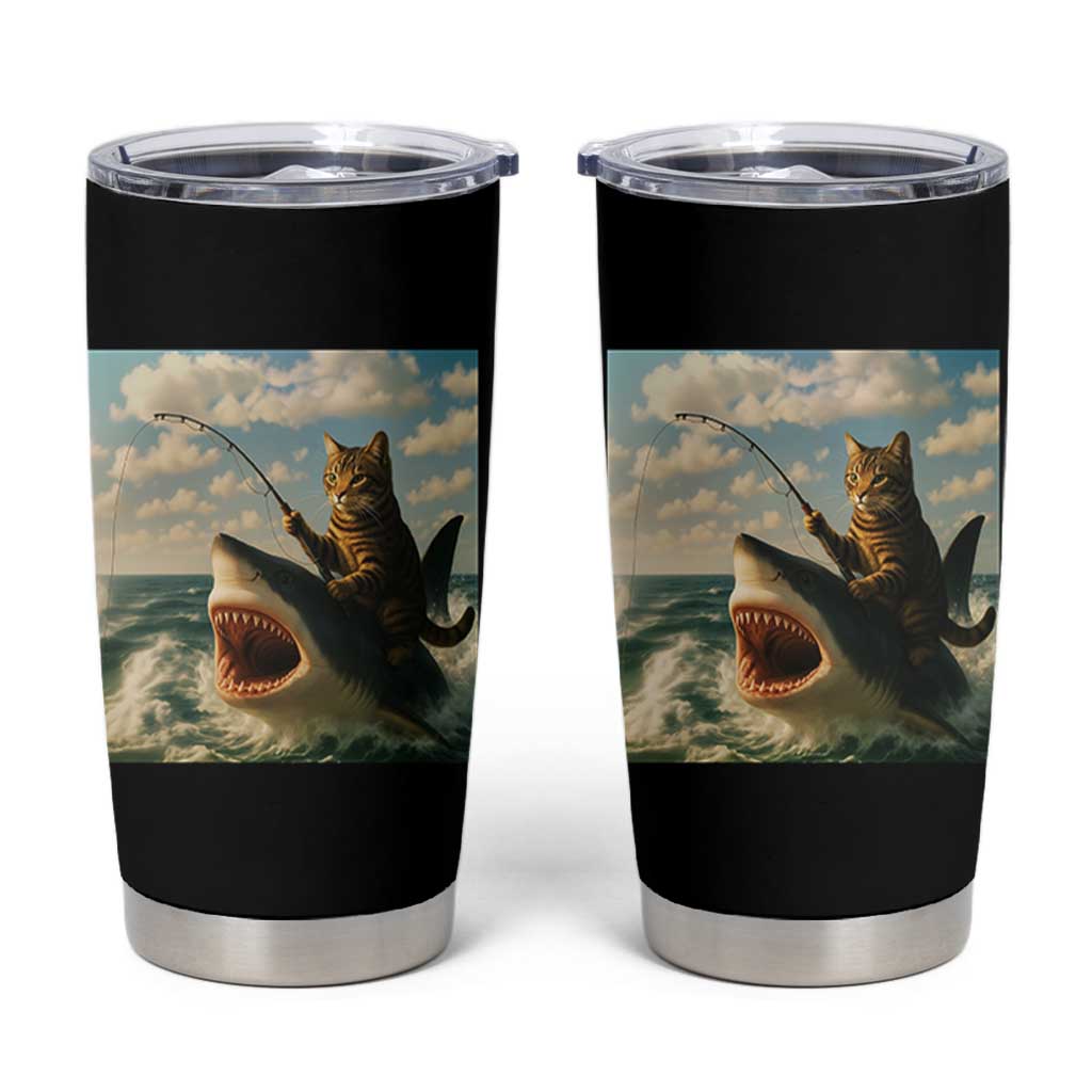 Funny Cat Riding Shark Tumbler Cup Fishing Fisherman Ocean Lover Humor