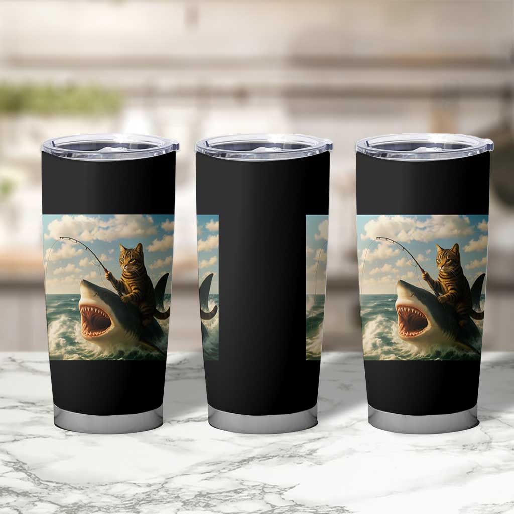 Funny Cat Riding Shark Tumbler Cup Fishing Fisherman Ocean Lover Humor