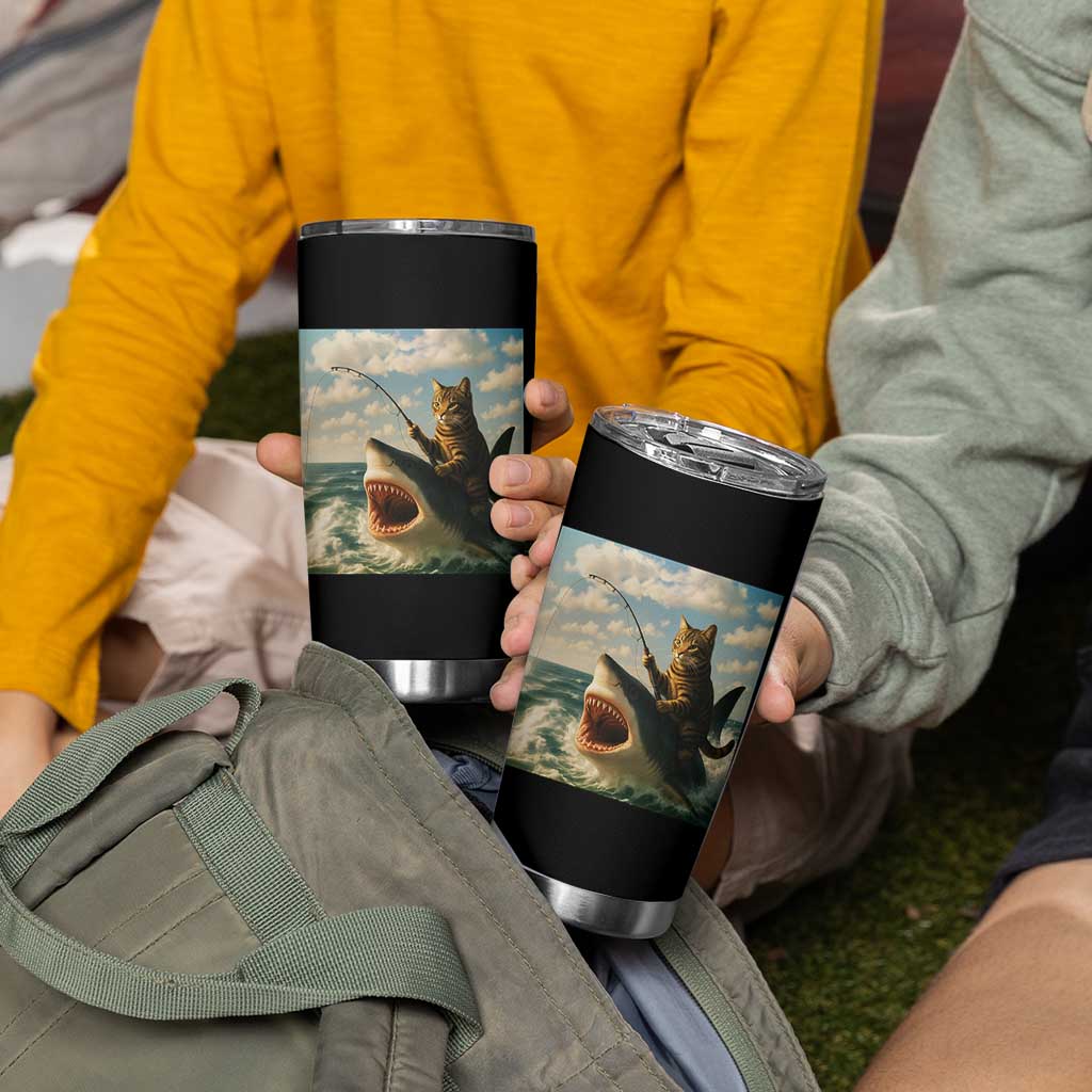 Funny Cat Riding Shark Tumbler Cup Fishing Fisherman Ocean Lover Humor