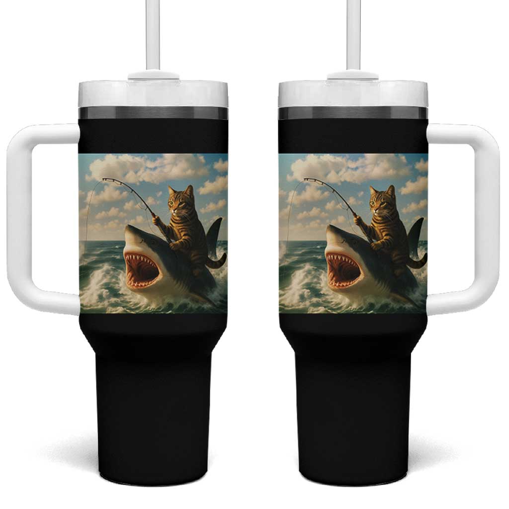 Funny Cat Riding Shark Tumbler With Handle Fishing Fisherman Ocean Lover Humor