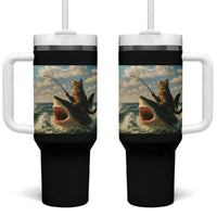 Funny Cat Riding Shark Tumbler With Handle Fishing Fisherman Ocean Lover Humor
