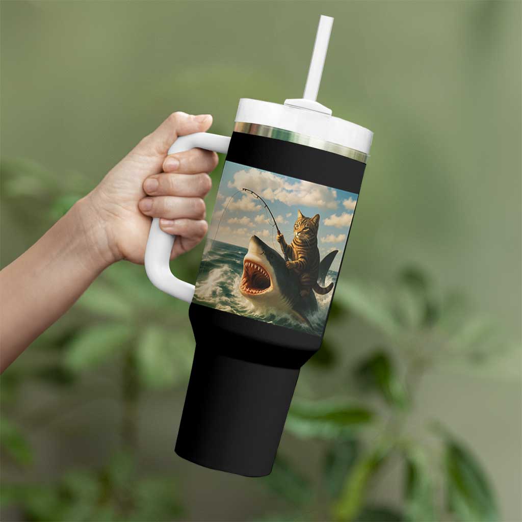 Funny Cat Riding Shark Tumbler With Handle Fishing Fisherman Ocean Lover Humor