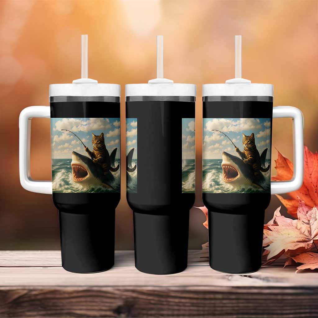 Funny Cat Riding Shark Tumbler With Handle Fishing Fisherman Ocean Lover Humor
