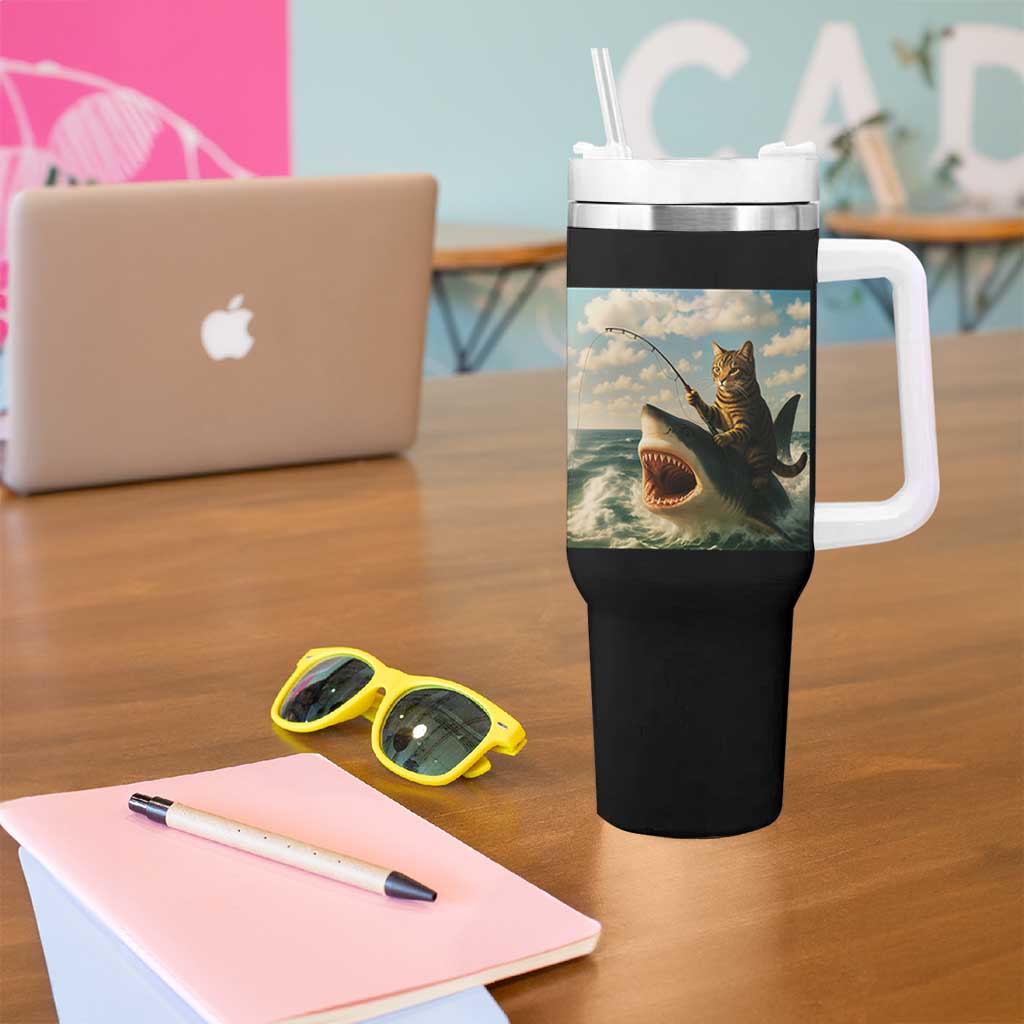 Funny Cat Riding Shark Tumbler With Handle Fishing Fisherman Ocean Lover Humor