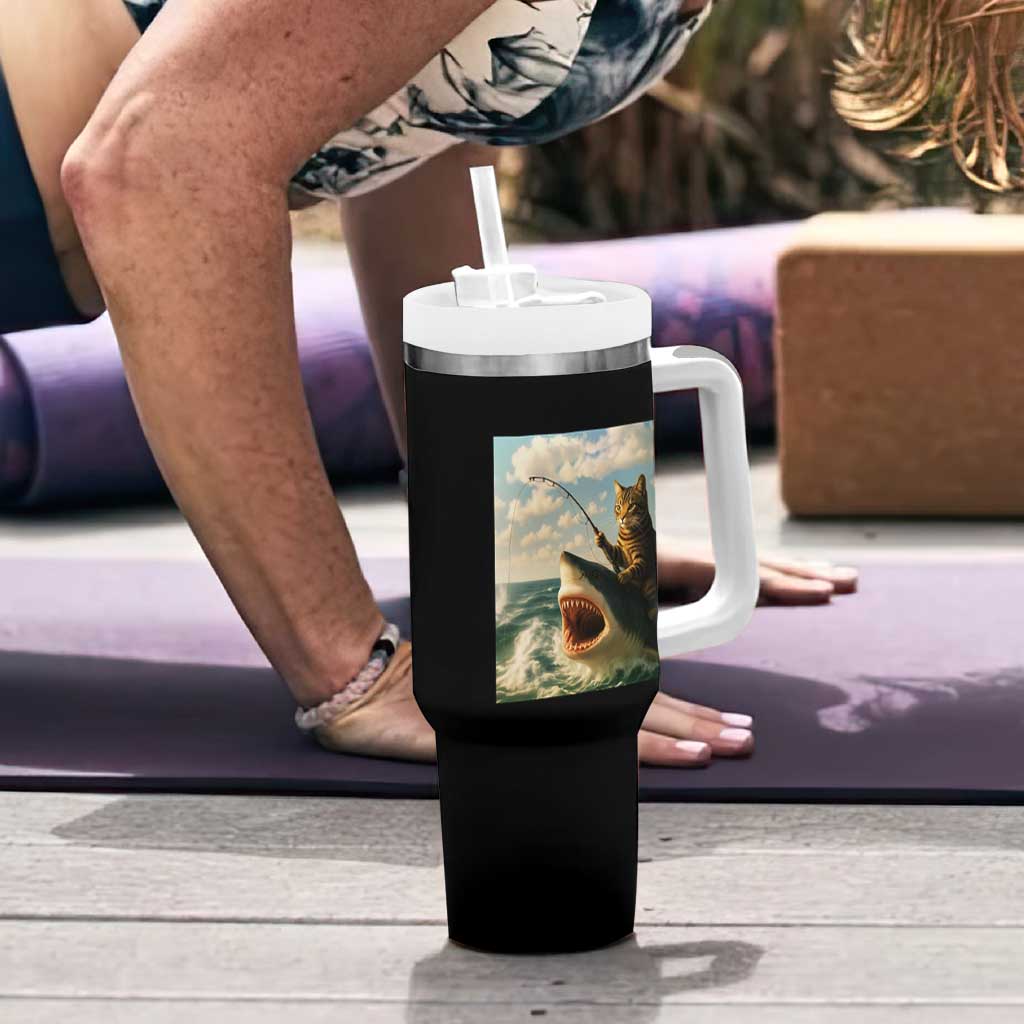 Funny Cat Riding Shark Tumbler With Handle Fishing Fisherman Ocean Lover Humor