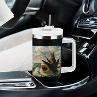Funny Cat Riding Shark Tumbler With Handle Fishing Fisherman Ocean Lover Humor