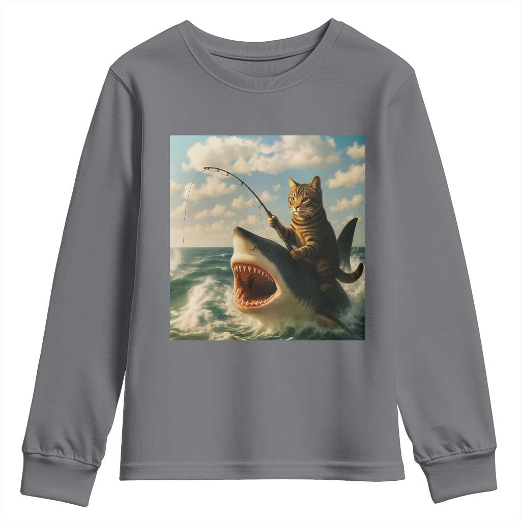 Funny Cat Riding Shark Youth Sweatshirt Fishing Fisherman Ocean Lover Humor - Wonder Print Shop