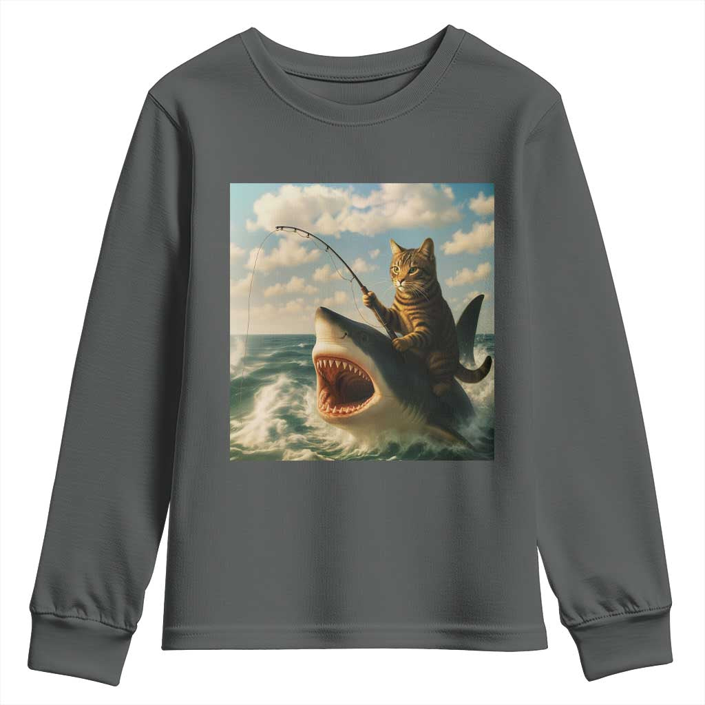 Funny Cat Riding Shark Youth Sweatshirt Fishing Fisherman Ocean Lover Humor - Wonder Print Shop