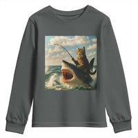 Funny Cat Riding Shark Youth Sweatshirt Fishing Fisherman Ocean Lover Humor - Wonder Print Shop