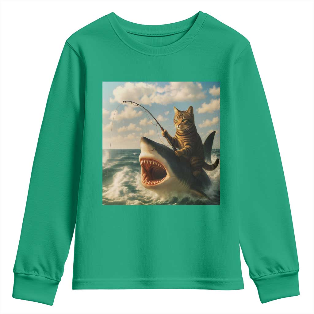 Funny Cat Riding Shark Youth Sweatshirt Fishing Fisherman Ocean Lover Humor - Wonder Print Shop