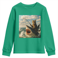Funny Cat Riding Shark Youth Sweatshirt Fishing Fisherman Ocean Lover Humor - Wonder Print Shop