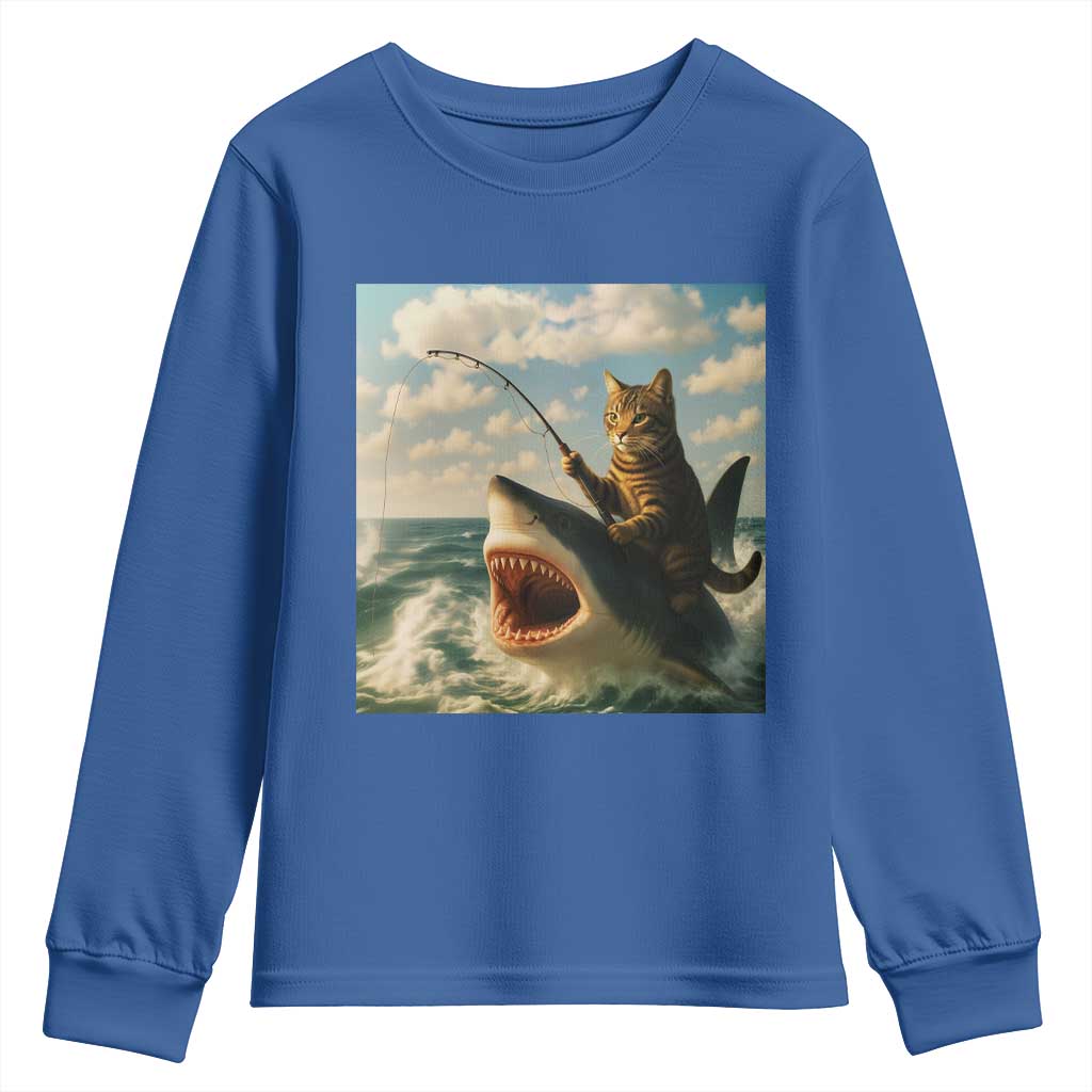 Funny Cat Riding Shark Youth Sweatshirt Fishing Fisherman Ocean Lover Humor - Wonder Print Shop