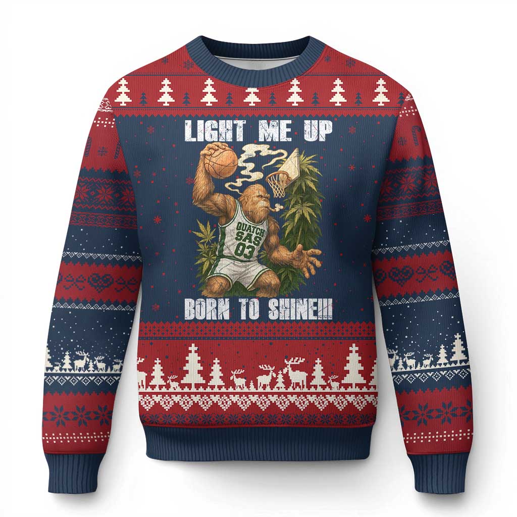 Funny Bigfoot Basketball Ugly Christmas Sweater Light Me Up Born To Shine - Wonder Print Shop