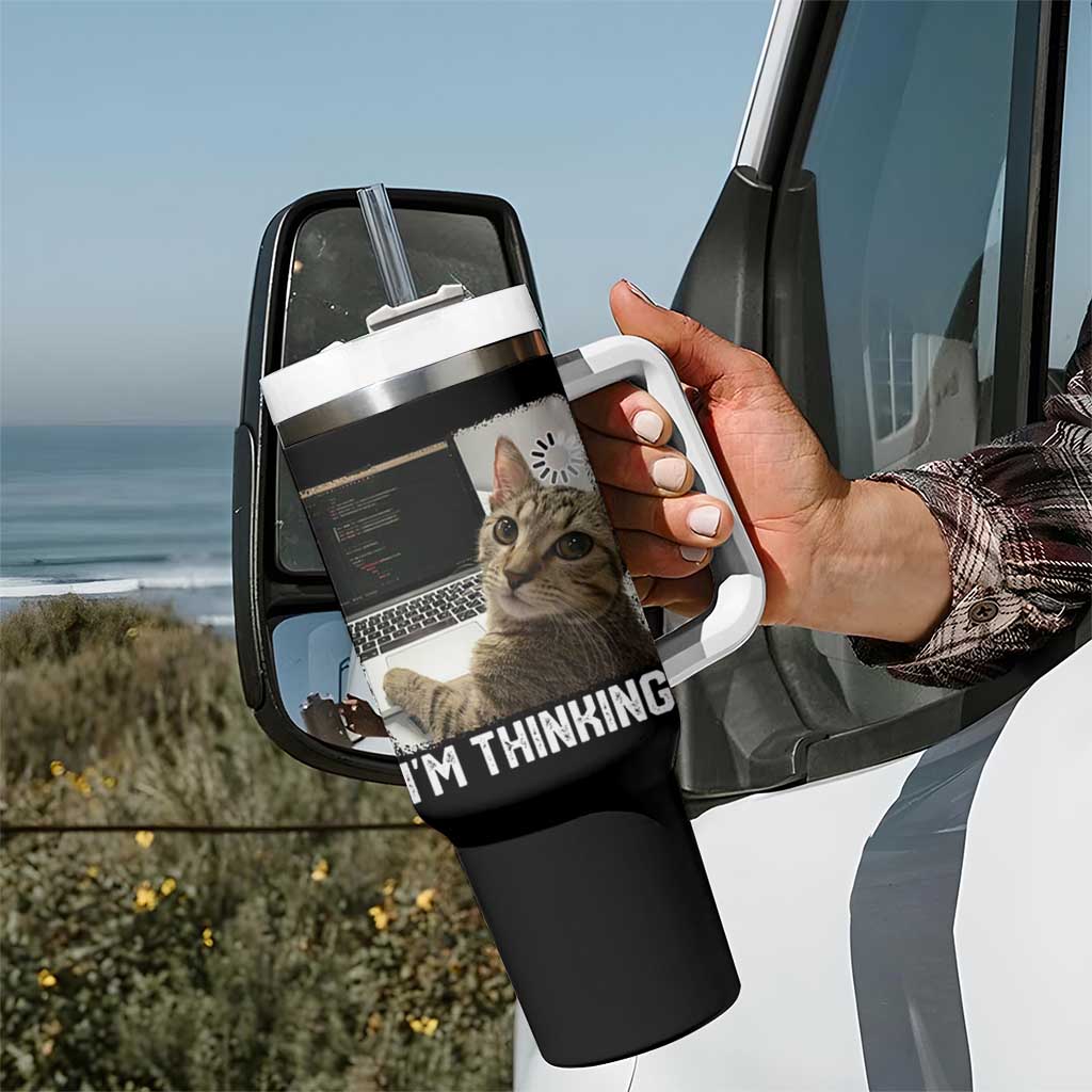 Tech Support Cat Tumbler With Handle I'm Thinking Funny Computer Engineer Coding Kitty
