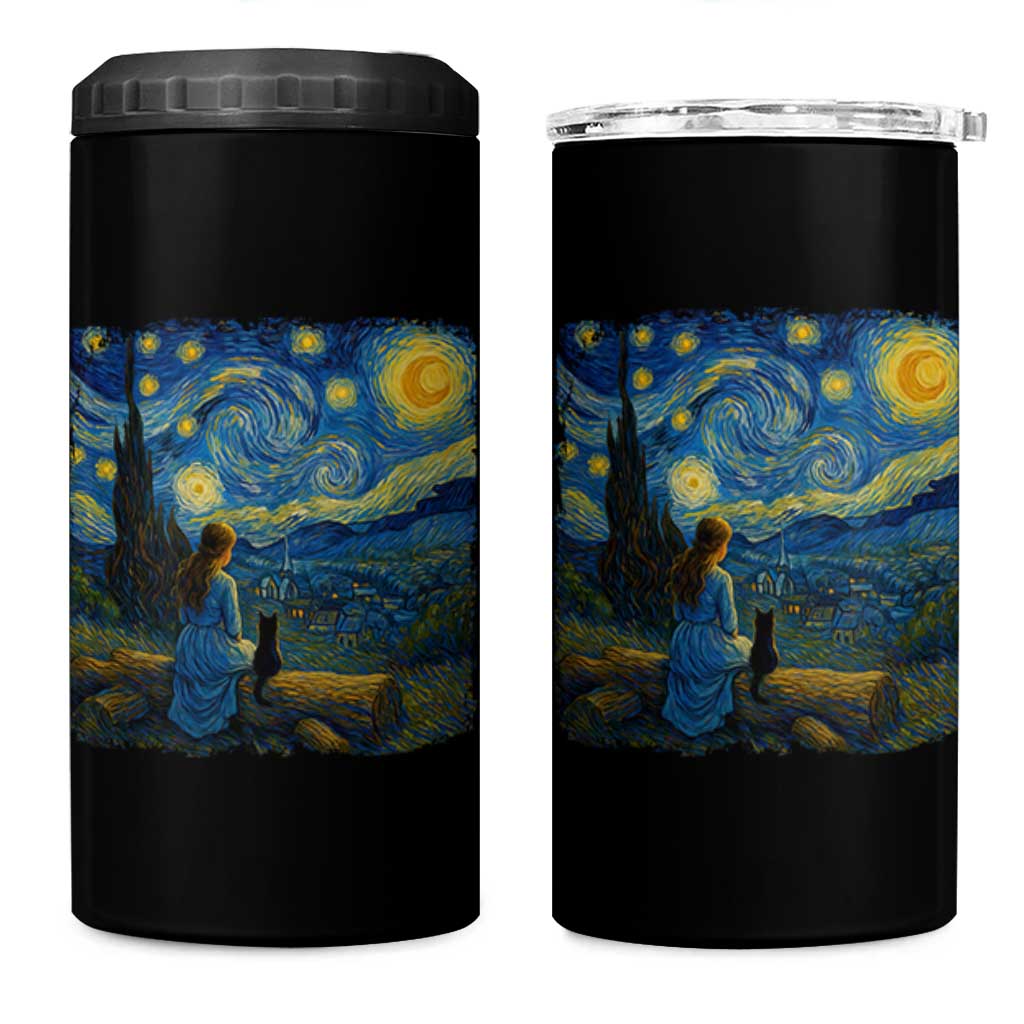 Cute Cat Starry Night 4 in 1 Can Cooler Tumbler Kitty Lovers