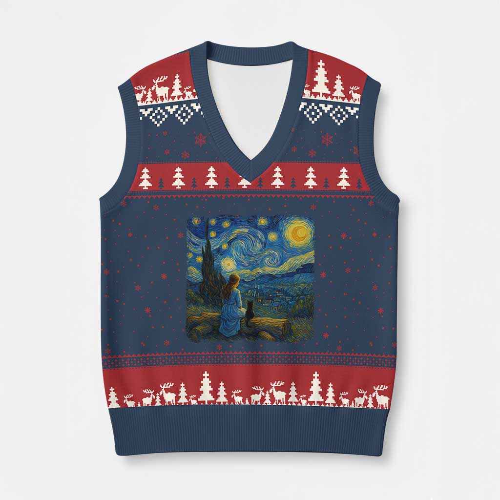 Cute Cat Starry Night V-Neck Knit Sweater Vest Kitty Lovers - Wonder Print Shop