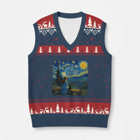 Cute Cat Starry Night V-Neck Knit Sweater Vest Kitty Lovers - Wonder Print Shop