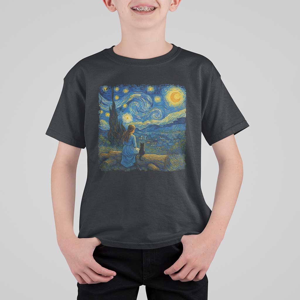 Cute Cat Starry Night T Shirt For Kid Kitty Lovers - Wonder Print Shop