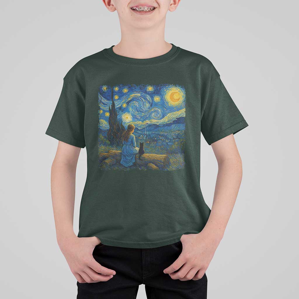 Cute Cat Starry Night T Shirt For Kid Kitty Lovers - Wonder Print Shop