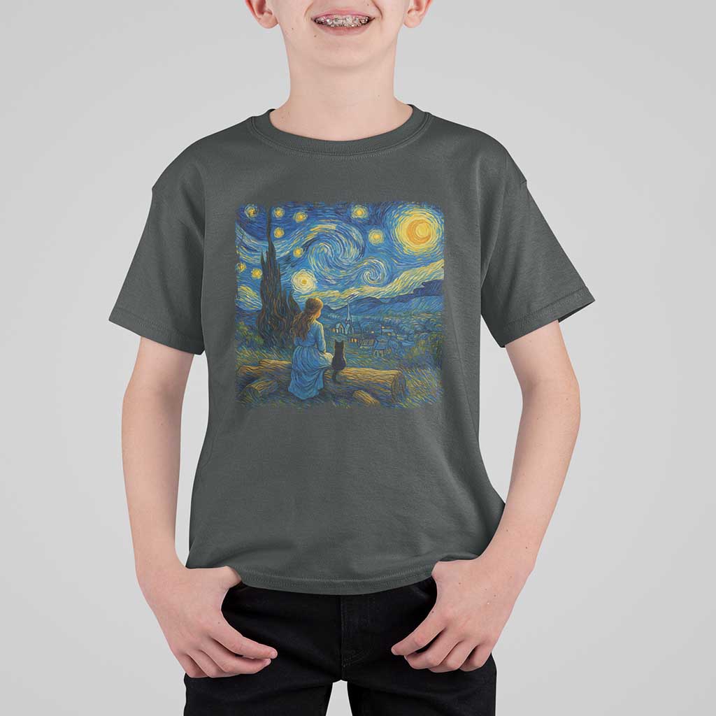 Cute Cat Starry Night T Shirt For Kid Kitty Lovers - Wonder Print Shop